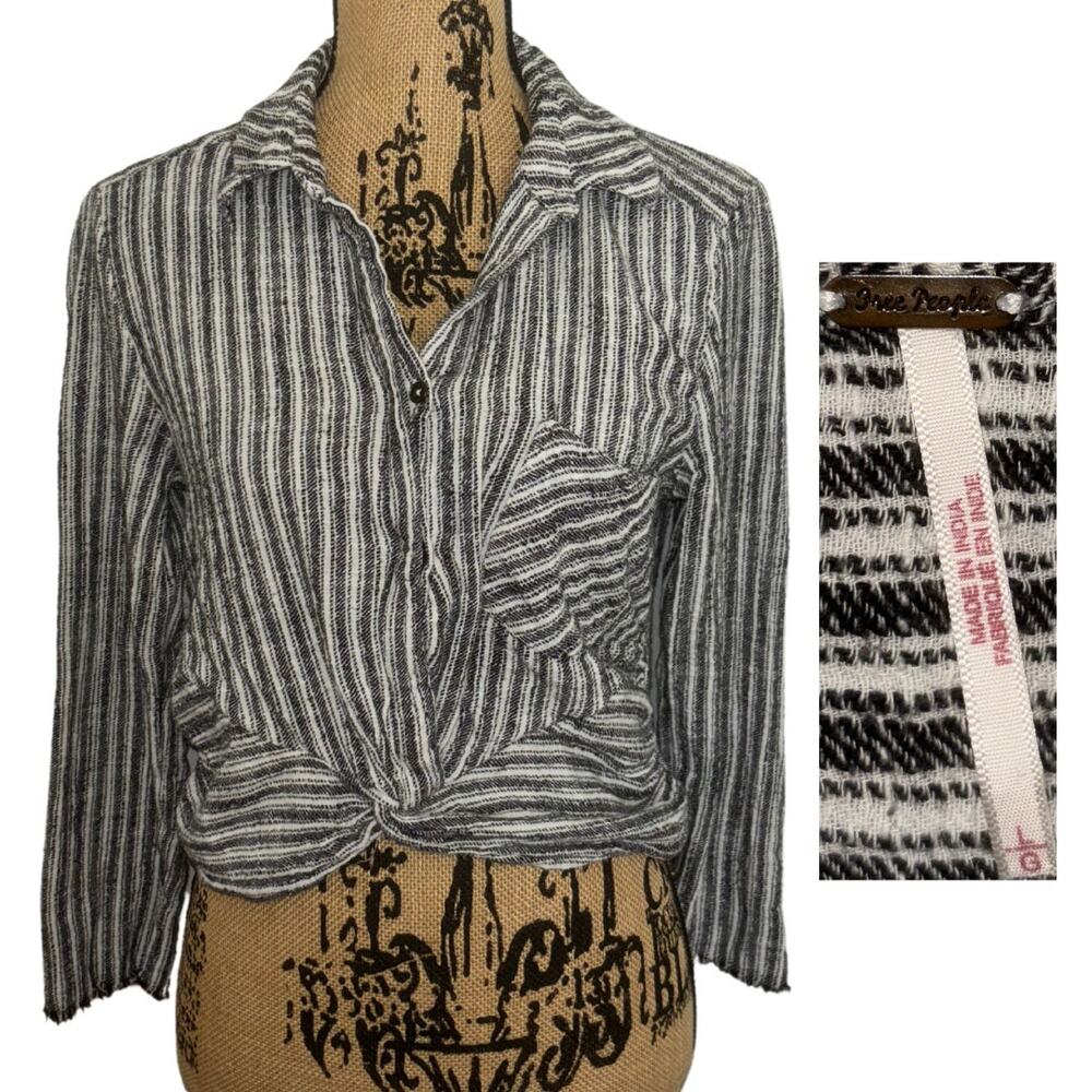 Free People Lust For Life Striped Long Sleeve Crop Top White Black Size Large